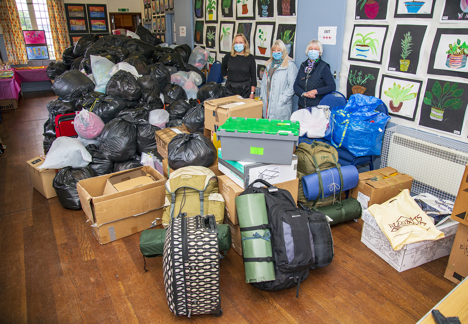 Margaret Gray, Rosie Brown and Jean Murdoch with the astonishing cache of donated goods