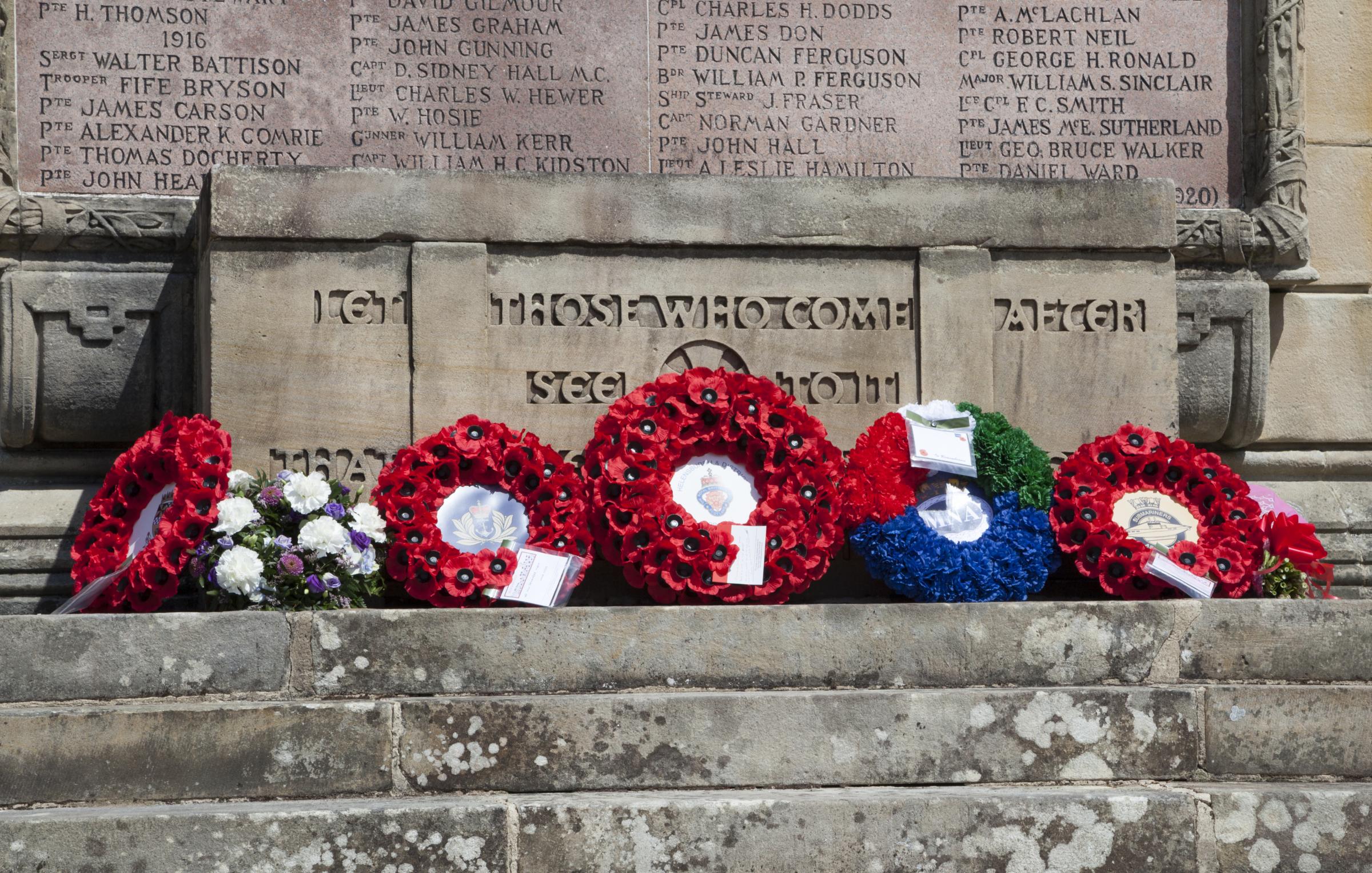 Wreaths for the Atlantic 80 commemeoration, Helensburgh War Memorial.